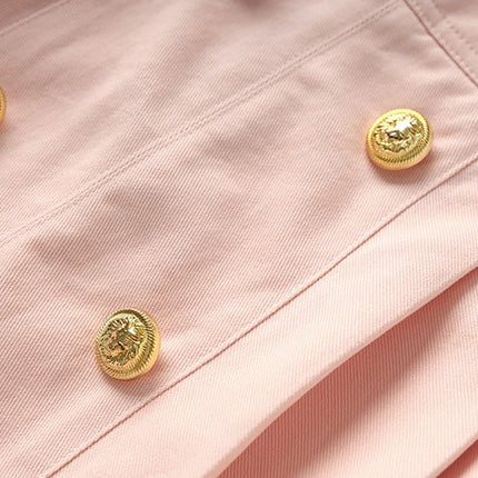 Pink high-waisted A-line skirt with double-breasted button detailing