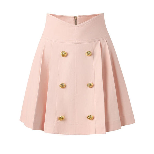 Pink high-waisted A-line skirt with double-breasted button detailing and gold-tone decorative buttons