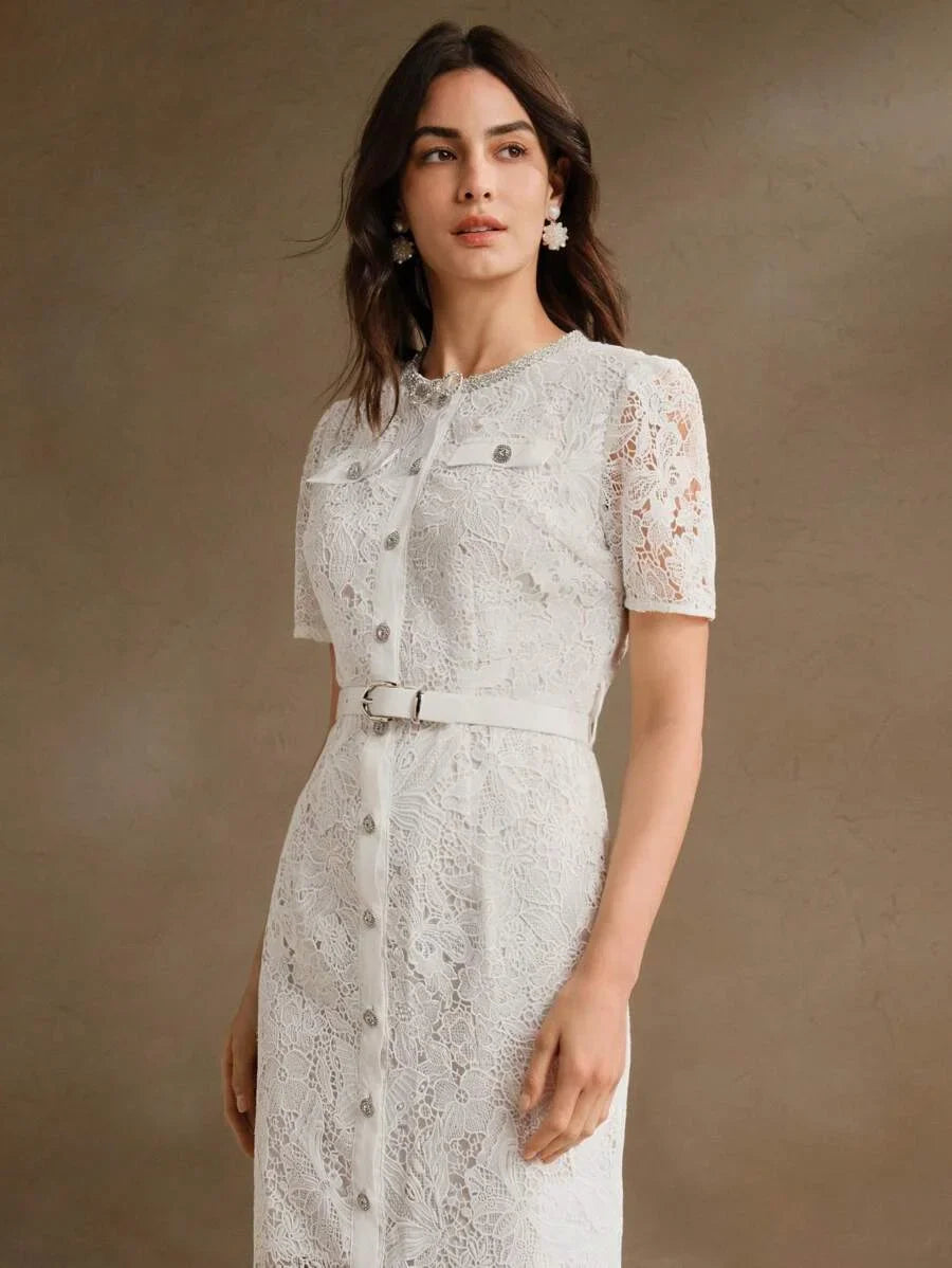 Pink Lace Elegant Party Dress Modest Old Money Style Suitable For Spring Festival Or Celebrations