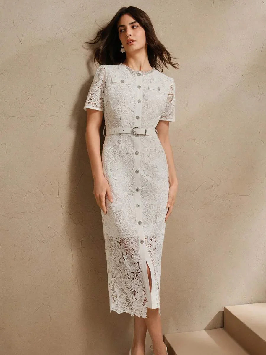 Pink Lace Elegant Party Dress Modest Old Money Style Suitable For Spring Festival Or Celebrations