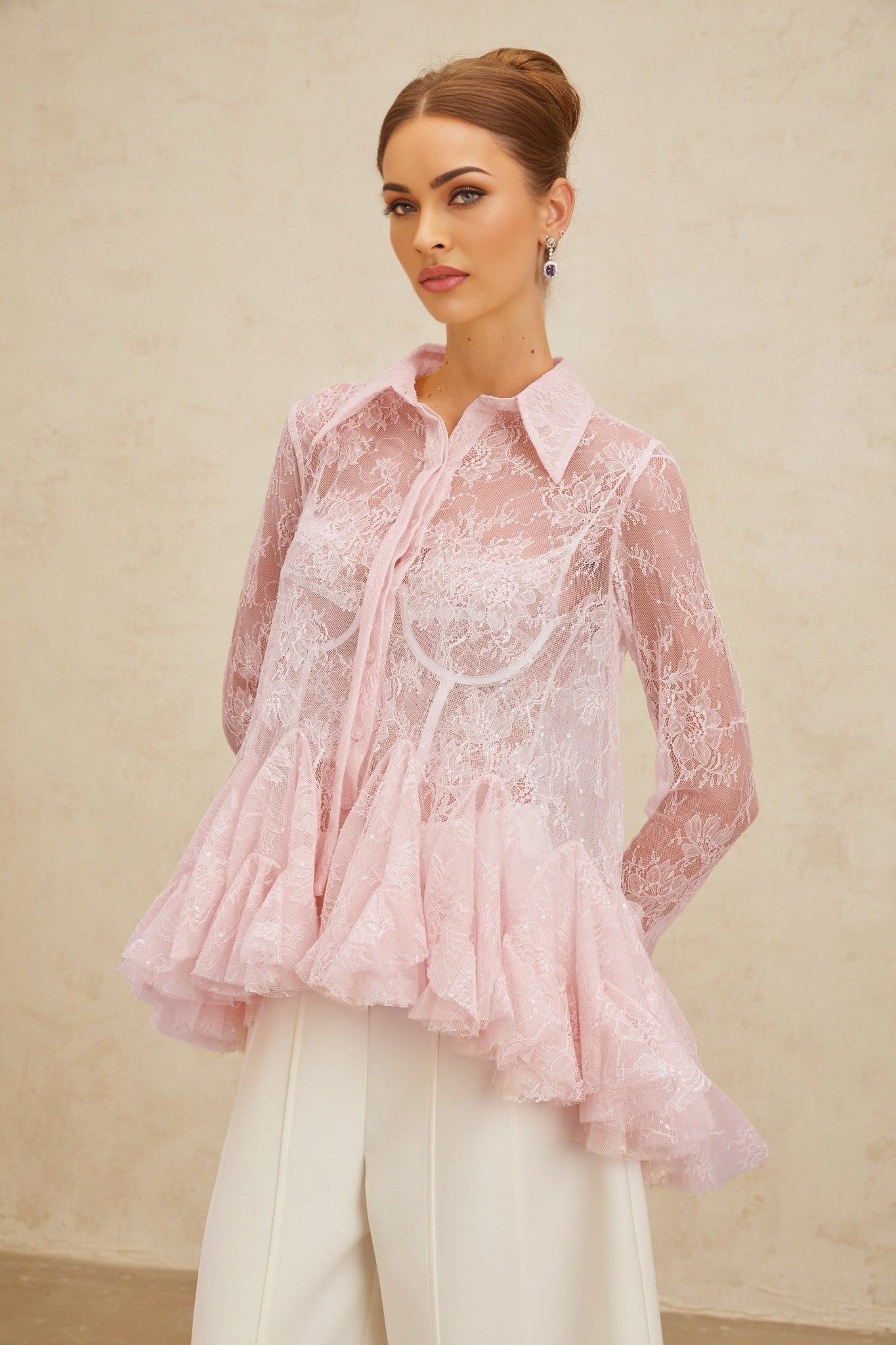 Pink Lace Peplum Top with Sequin Embellishment