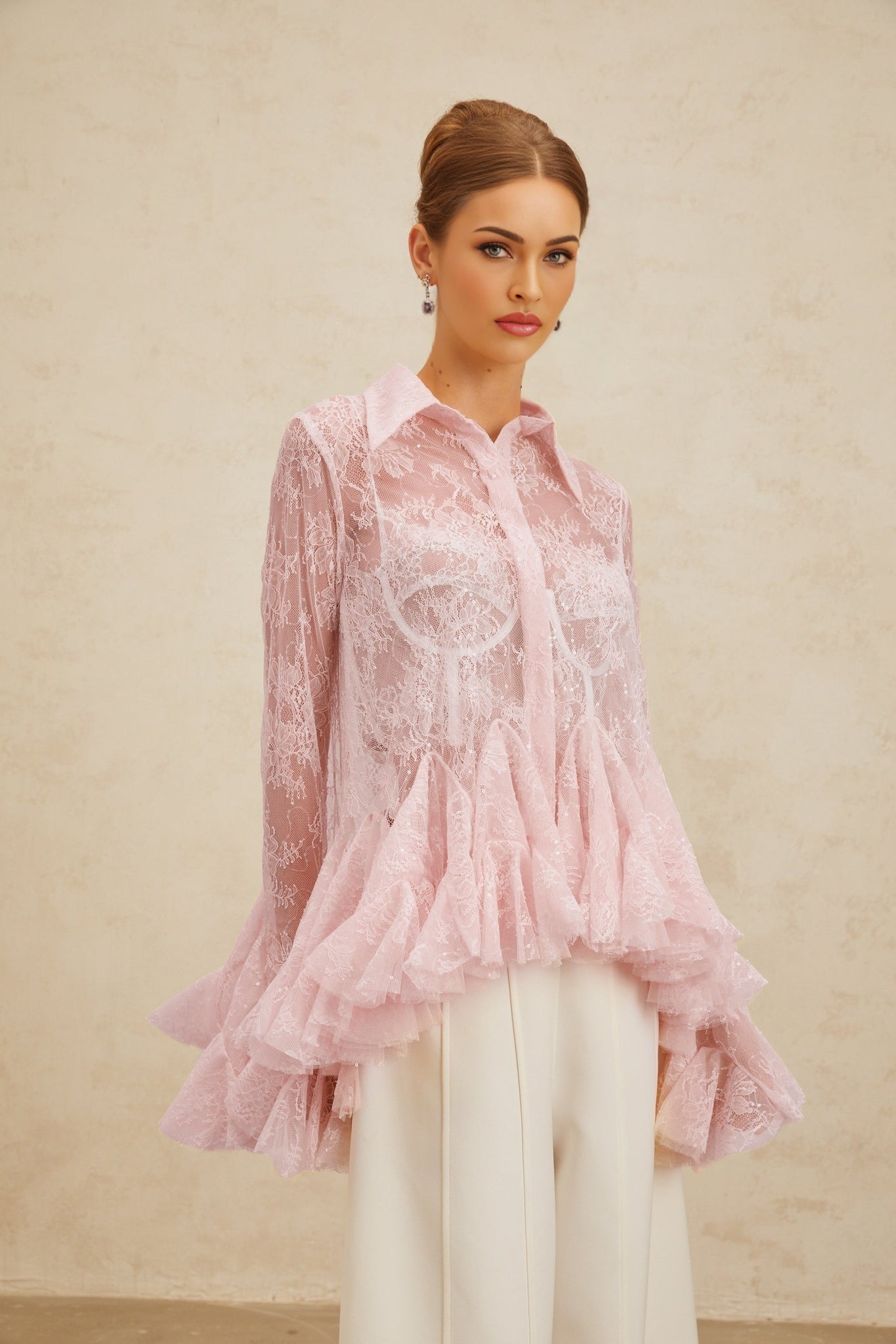 Pink Lace Peplum Top with Sequin Embellishment