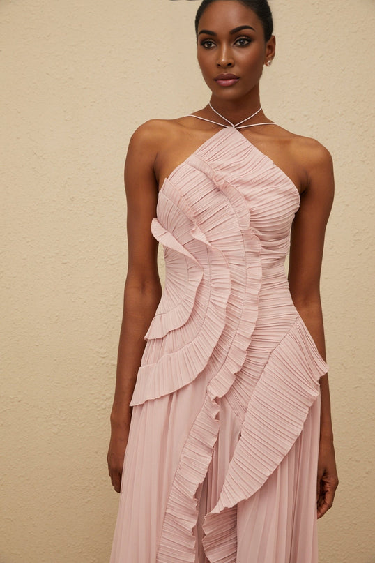 Pink Lavender Halterneck Pleated Midi Dress with Ruffled Trim
