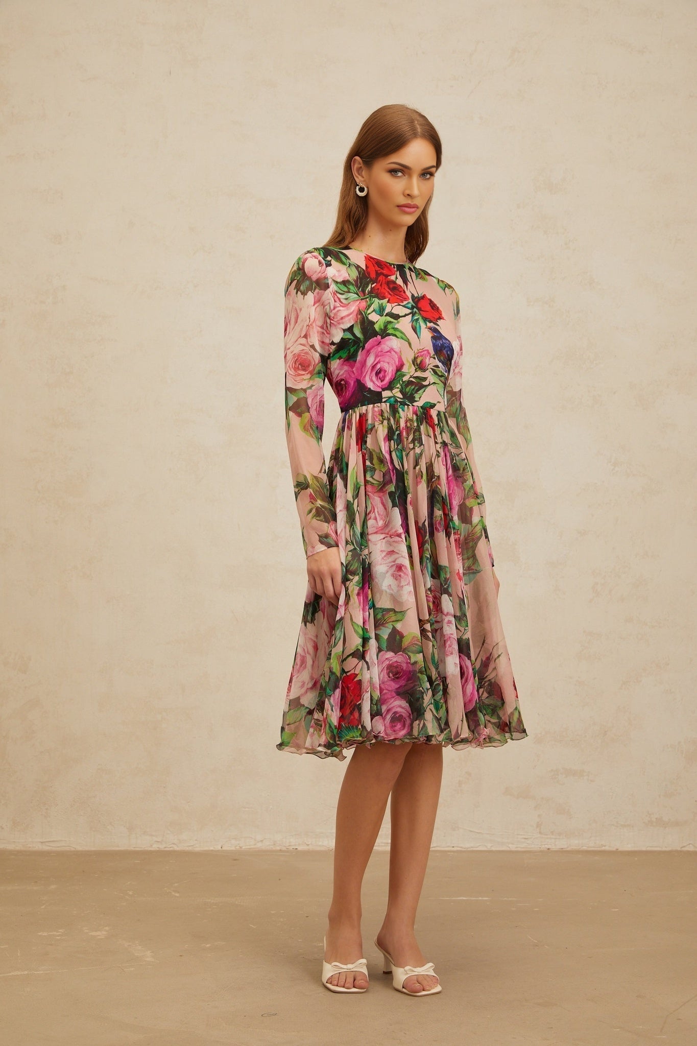 Pink long sleeve silk dress with rose print and shirred panel