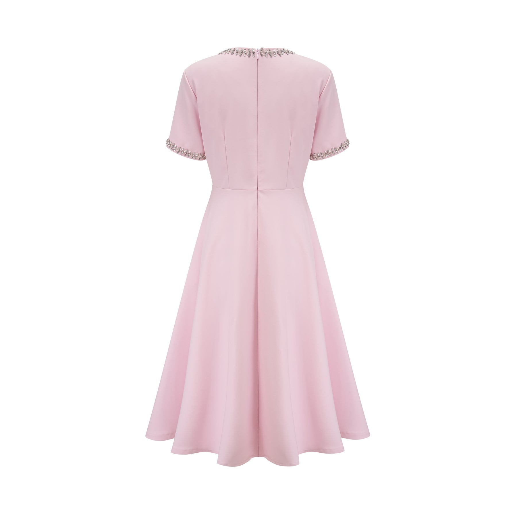 Pink midi dress with crystal accents and bow detail named Cassiopeia