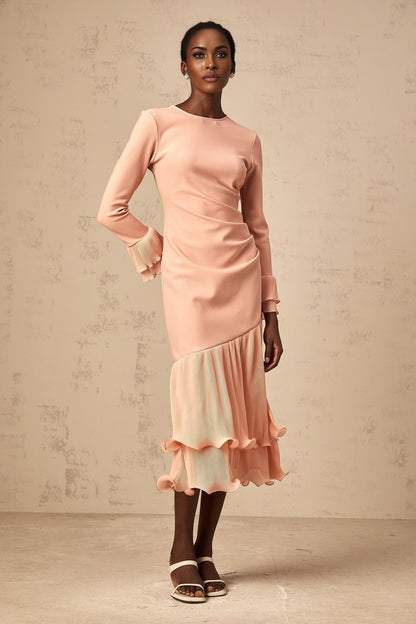 Pink midi dress with ruffled trim and panelled design from Fleurida