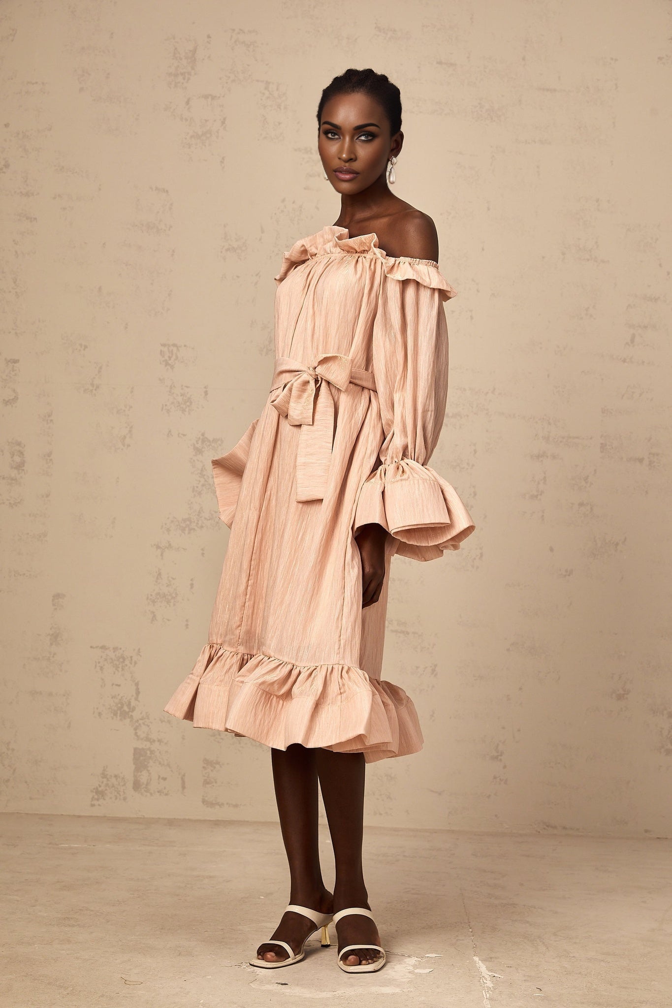 Pink midi dress with tied waist and ruffled details named Agathe