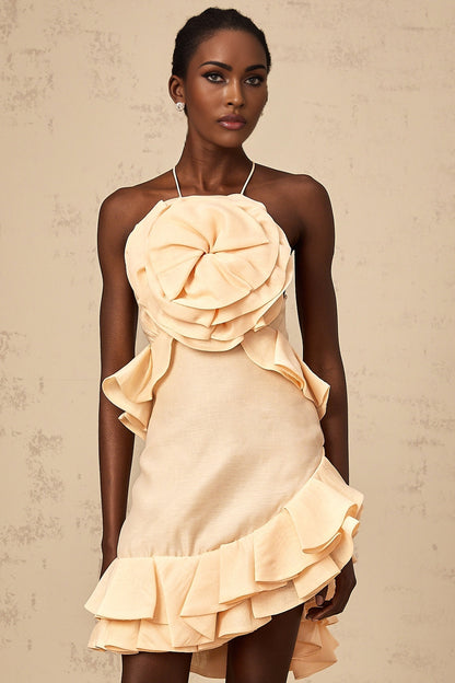 Pink mini dress with 3d petal ruffles featuring a short length and textured floral design