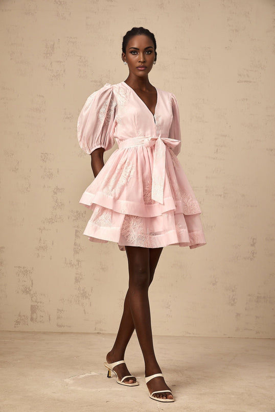 Pink mini dress with floral embroidery and layered design named Florence