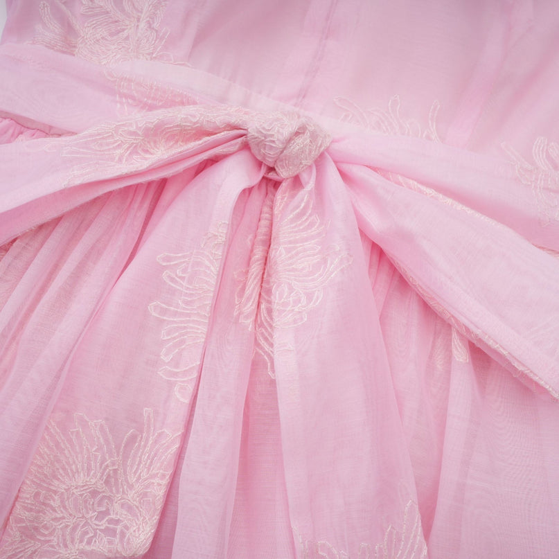 Pink mini dress with floral embroidery and layered design named Florence