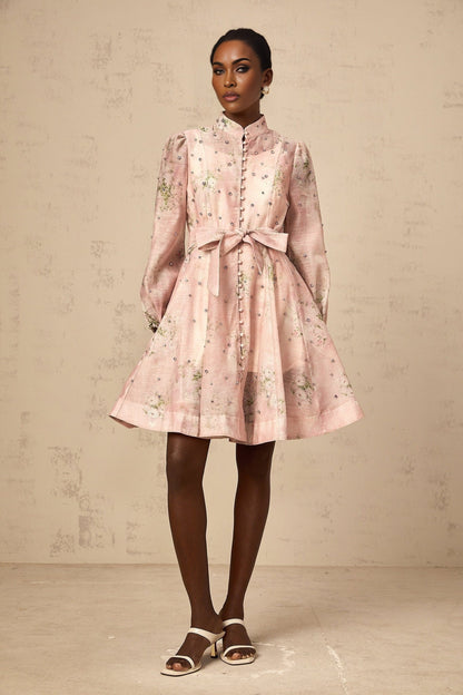 Pink mini dress with floral print and embellishments called Narcisse