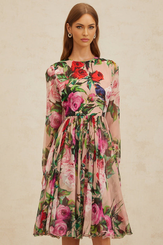 Pink Mulberry Silk Rose Print Long Sleeve Midi Dress