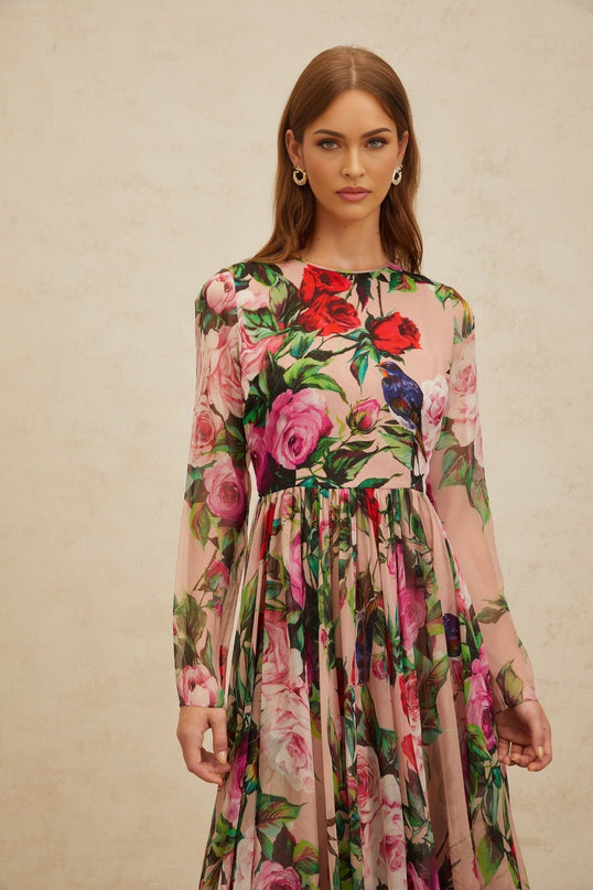 Pink Mulberry Silk Rose Print Midi Dress with Long Sleeves and Rear Zip Fastening