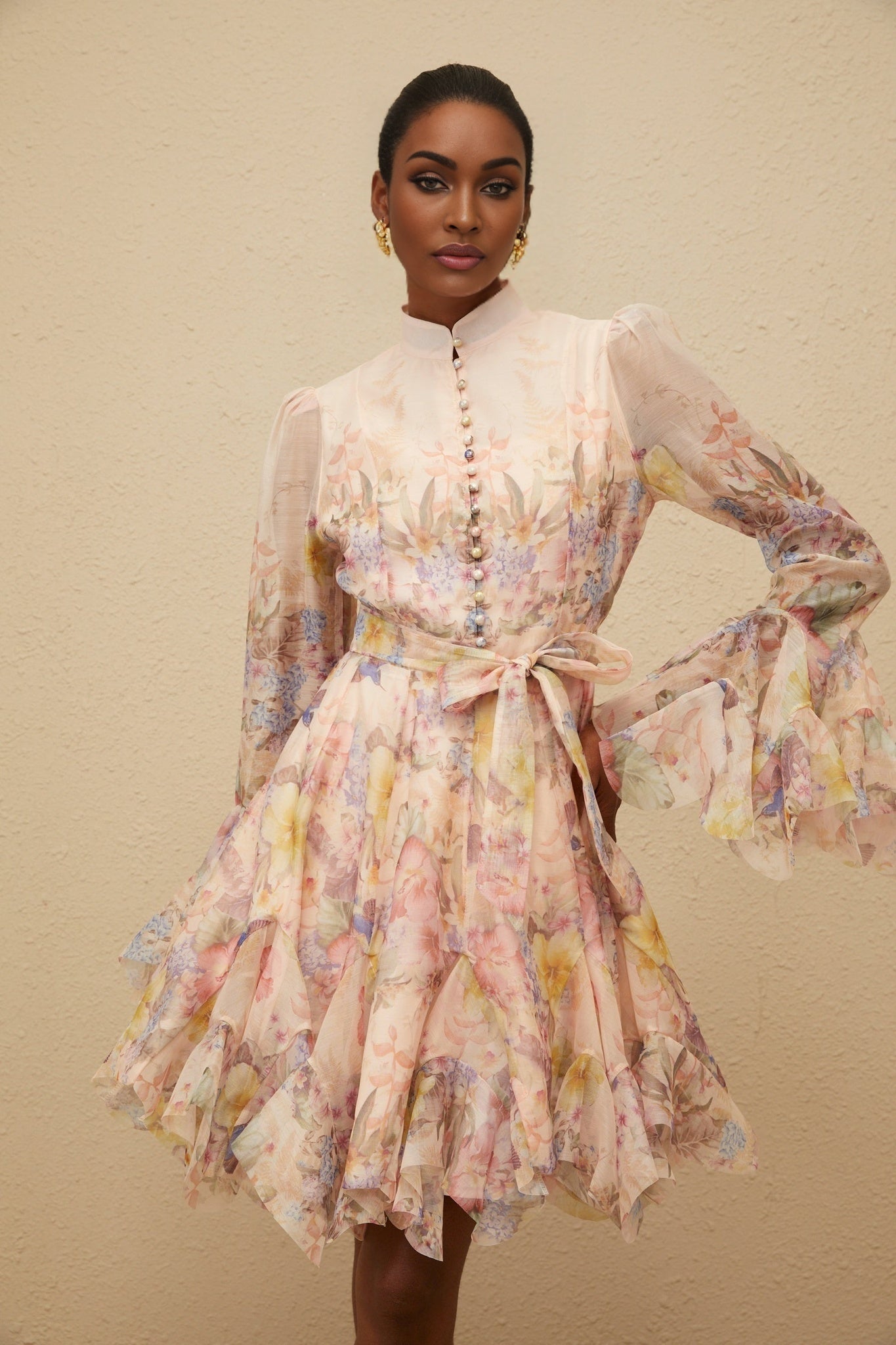 Pink Multicolor Floral Print Long Sleeve Mini Dress with Flared Cuffs and Tied Waist