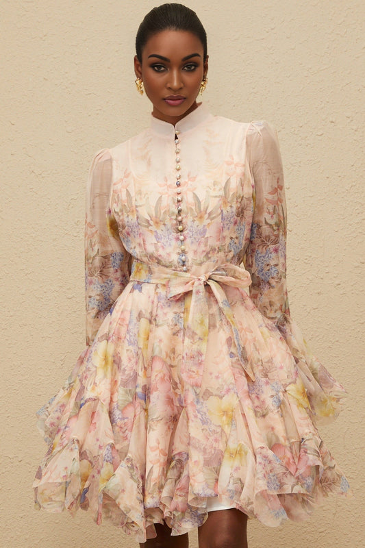 Pink Multicolor Floral Print Mini Dress with Flared Cuffs and Tied Waist