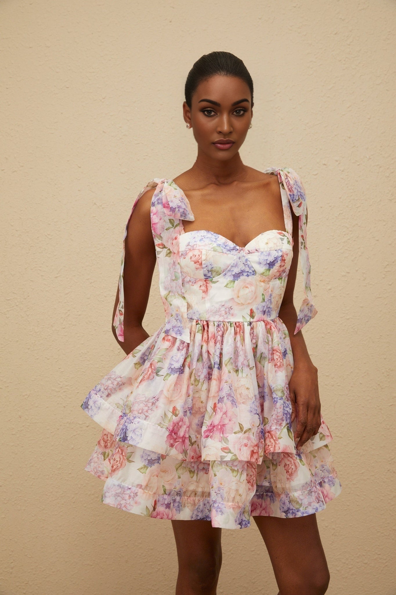 Pink Multicolor Floral Print Sleeveless Dress with Cinched Waist and Self-Tie Straps
