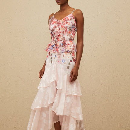 Pink and Multicolor Rose Print V-Neck Sleeveless Peplum Waist Maxi Dress with Ruffled Detailing and Asymmetrical Hem