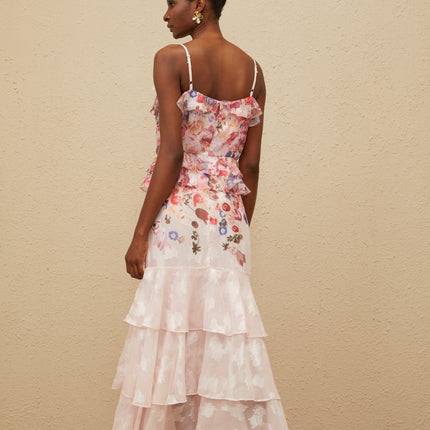 Pink and Multicolor Rose Print V-Neck Sleeveless Peplum Waist Maxi Dress