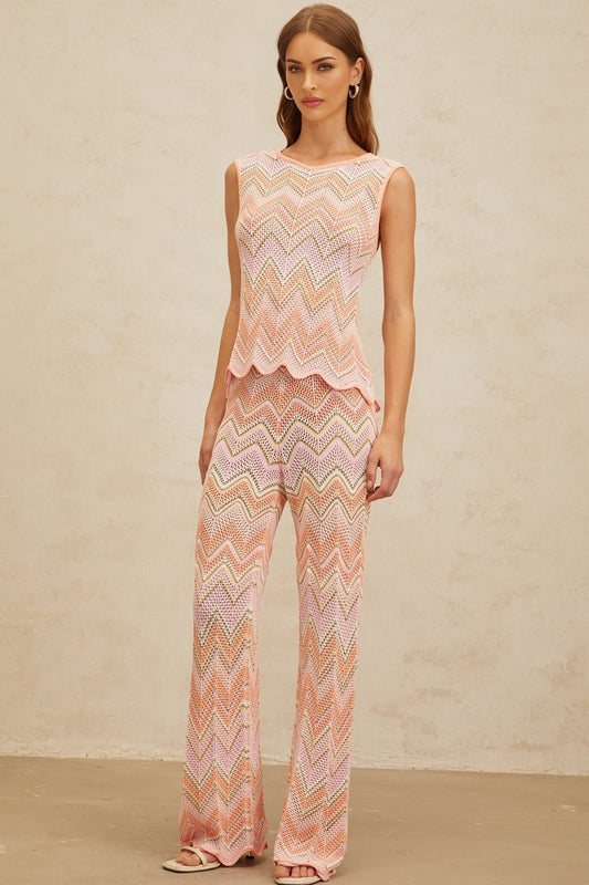 Pink and Multicolor Sleeveless Zigzag Knit Top and Trousers Set with Metallic Threading and Scallop Hem