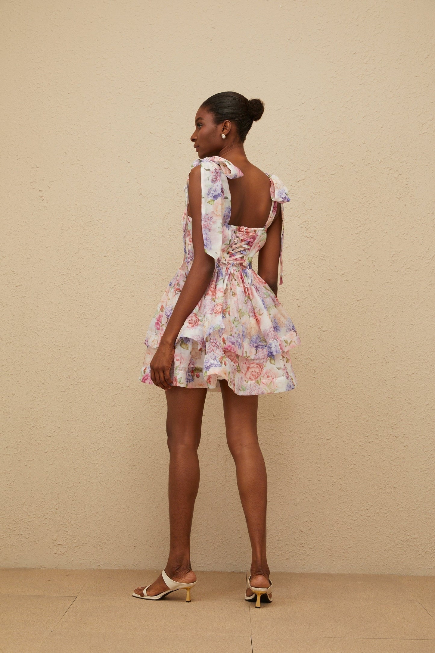 Pink Multicolor Sweetheart Neckline Sleeveless Dress with Floral Print and Cinched Waist