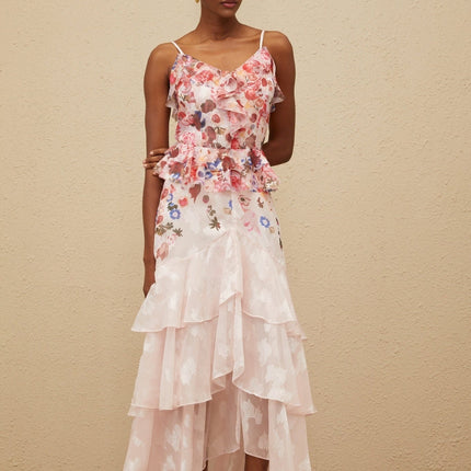 Pink and Multicolor V-neck Sleeveless Peplum Waist Rose Print Ruffled Detailing Tiered Design Asymmetrical Hem Maxi Length Dress