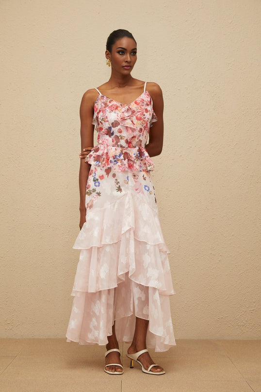 Pink and Multicolor V-neck Sleeveless Peplum Waist Rose Print Ruffled Detailing Tiered Design Asymmetrical Hem Maxi Length Dress