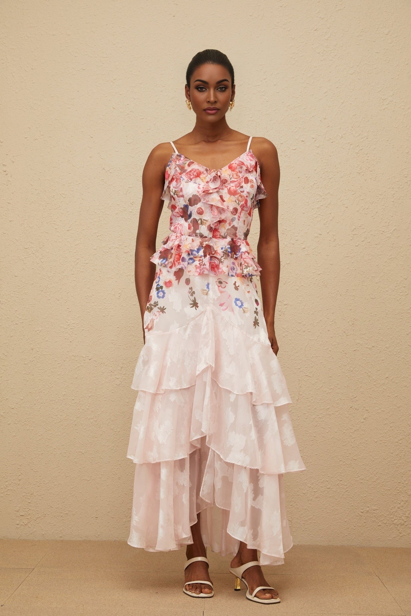 Pink and Multicolor V-neck Sleeveless Peplum Waist Maxi Dress with Rose Print and Ruffled Detailing