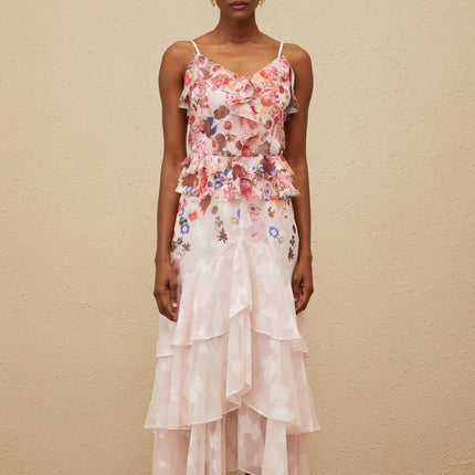 Pink and Multicolor V-neck Sleeveless Peplum Waist Rose Print Ruffled Detailing Tiered Design Asymmetrical Hem Maxi Length Dress