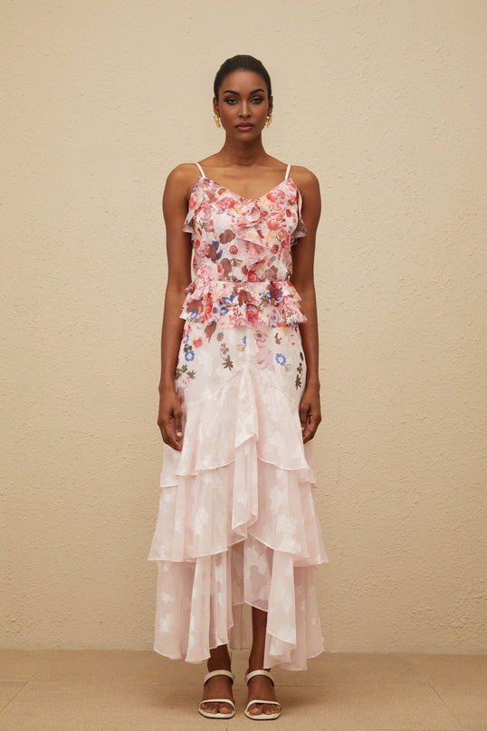 Pink and Multicolor V-neck Sleeveless Peplum Waist Rose Print Ruffled Detailing Tiered Design Asymmetrical Hem Maxi Length Dress