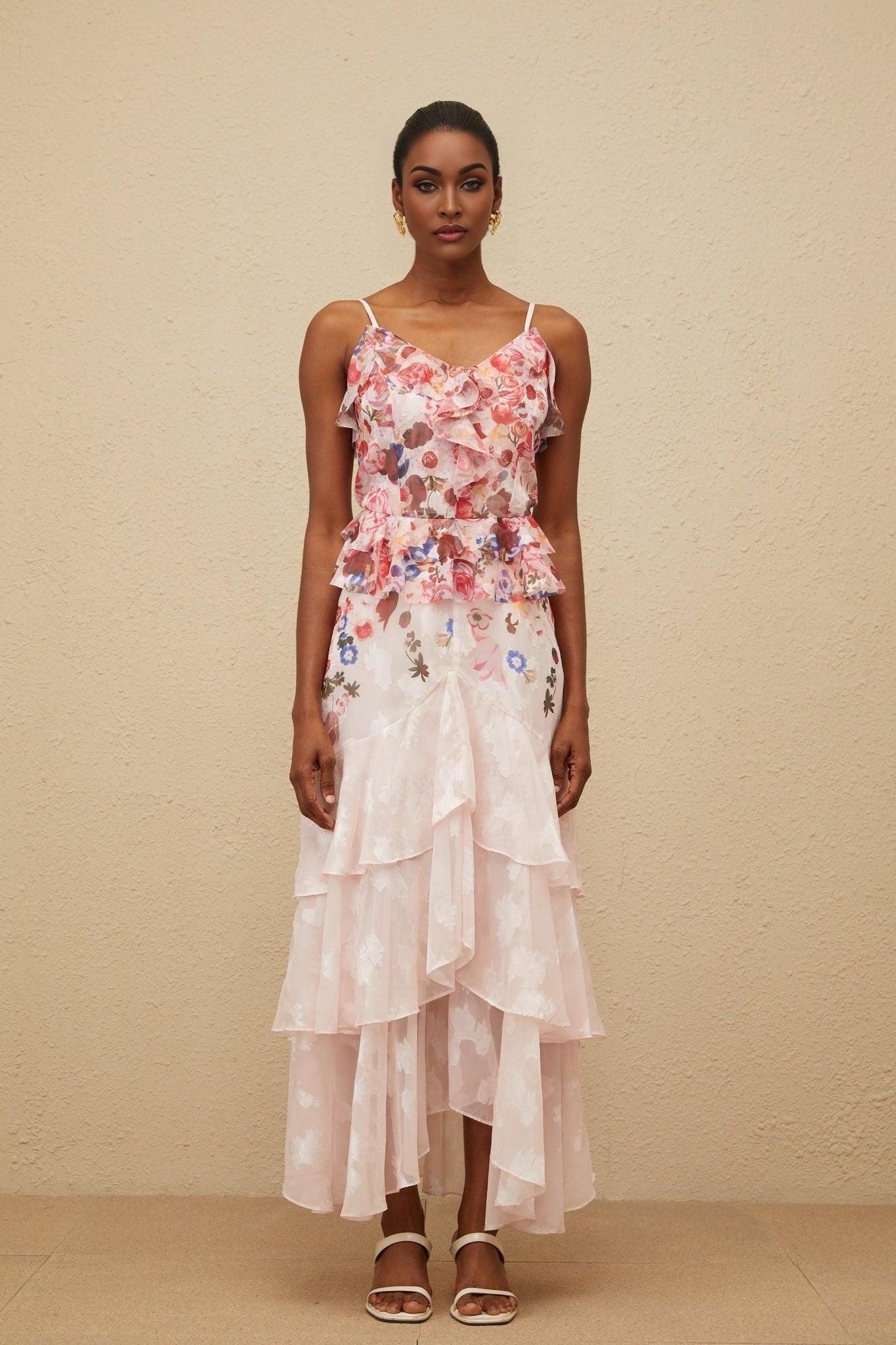 Pink and Multicolor V-neck Sleeveless Peplum Waist Rose Print Ruffled Detailing Tiered Design Asymmetrical Hem Maxi Length Dress