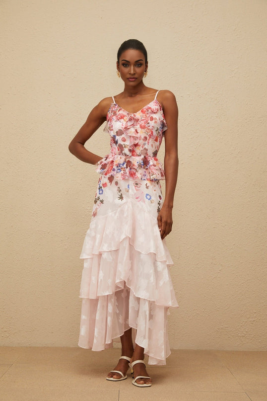 Pink and Multicolor V-neck Sleeveless Peplum Waist Rose Print Ruffled Tiered Maxi Dress