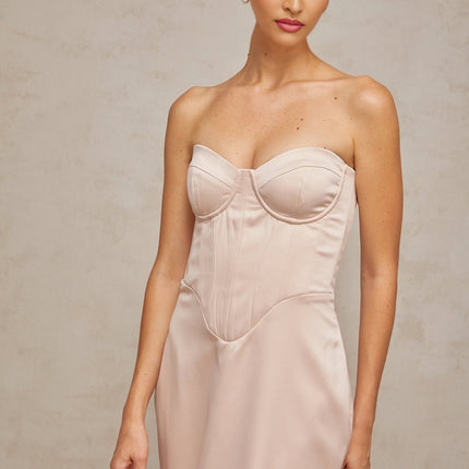 Pink off shoulder corset style maxi dress with satin fabric and long skirt