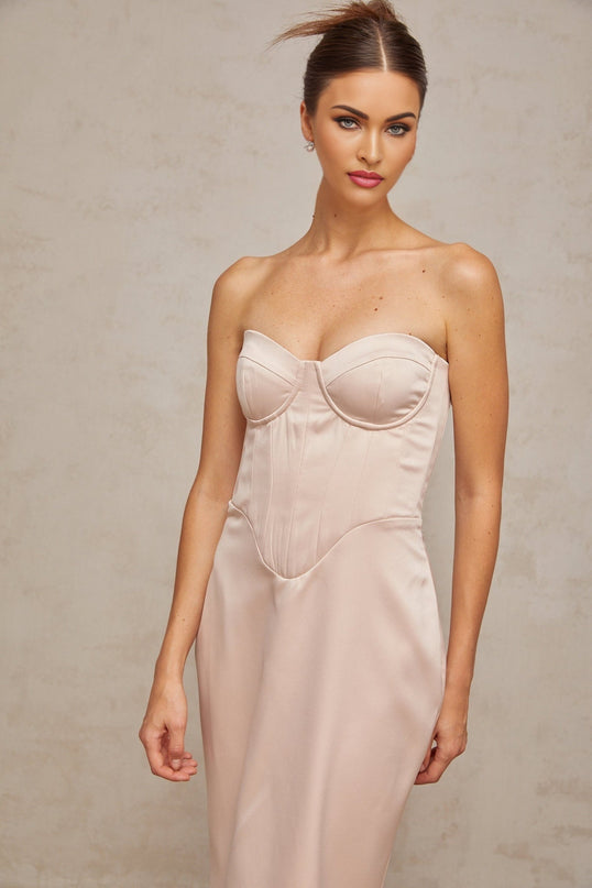 Pink off shoulder corset style maxi dress with satin fabric and long skirt