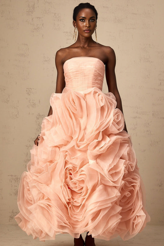 Pink off shoulder midi dress with 3D tulle petal details and a feminine silhouette