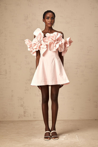Pink off shoulder mini dress with 3D petal details named Juliette