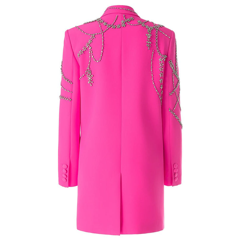 Oversized double-breasted pink coat with floral embellishments and rhinestone accents