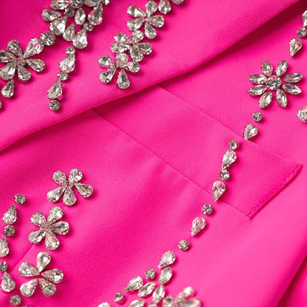Pink Oversized Double-Breasted Floral Embellished Coat with Rhinestone Accents