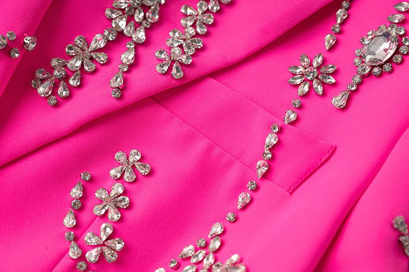 Pink Oversized Double-Breasted Floral Embellished Coat with Rhinestone Accents