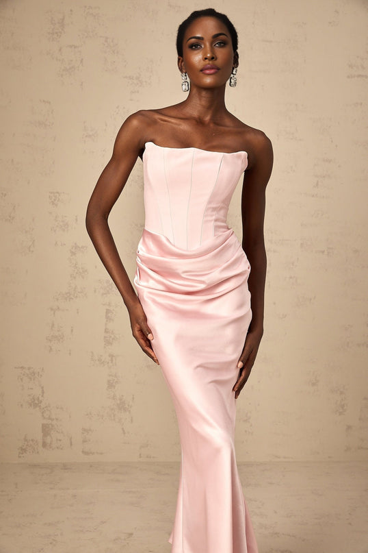 Bice wearing Pink Pleasing Maxi Dress with Off-shoulder Corset Style and Satin Finish