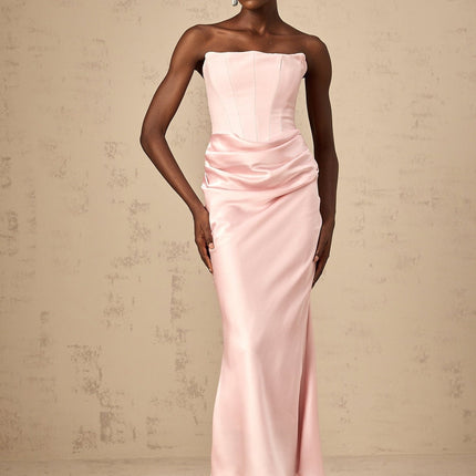 Bice in Pink Pleasing Maxi Dress Off-shoulder Corset Style Satin Finish Pleat Detailing Flared Hem Maxi Length Rear Zip Fastening 100% Terylene fiber elegant timeless creation