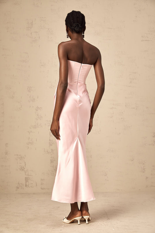 Bice in Pink Pleasing Maxi Dress with Off-shoulder Corset Style and Satin Finish