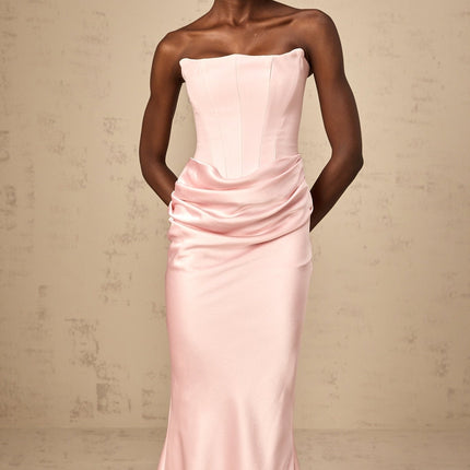 Bice wearing Pink Pleasing Maxi Dress with Off-shoulder Corset Style and Satin Finish