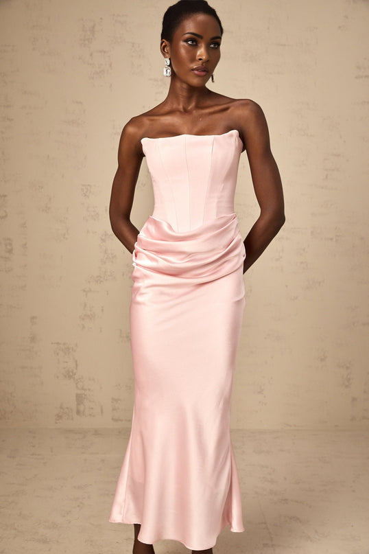 Bice wearing Pink Pleasing Maxi Dress with Off-shoulder Corset Style and Satin Finish