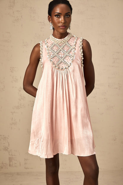 Pink pleated mini dress with embellishments named Helena