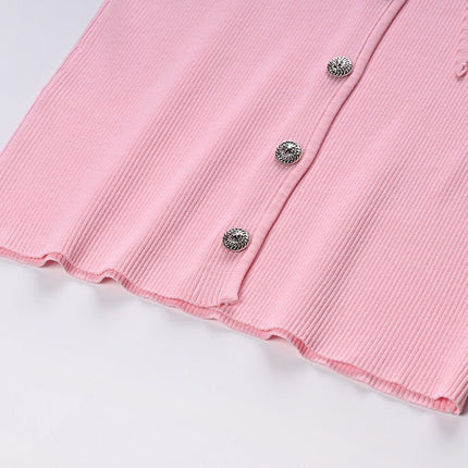 Pink ribbed button-up blouse with tie-neck detail and decorative pockets