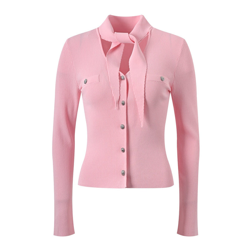 Pink Ribbed Buttoned Cardigan with Tie-Neck Detail