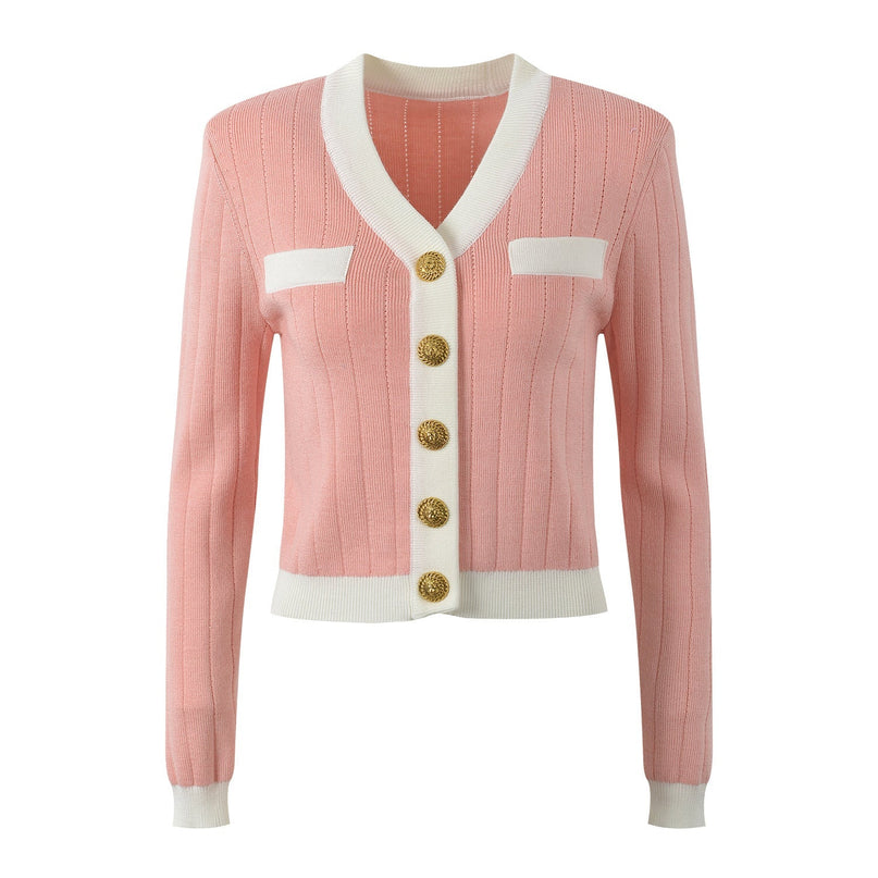 Pink Ribbed Knit Cropped Cardigan with Gold-tone Buttons