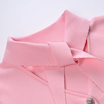 Pink Ribbed Slim Fit Blouse with Tie-Neck Detail and Decorative Pockets