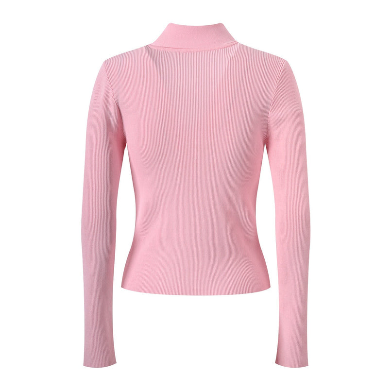 Pink Ribbed Slim Fit Blouse with Tie-Neck Detail