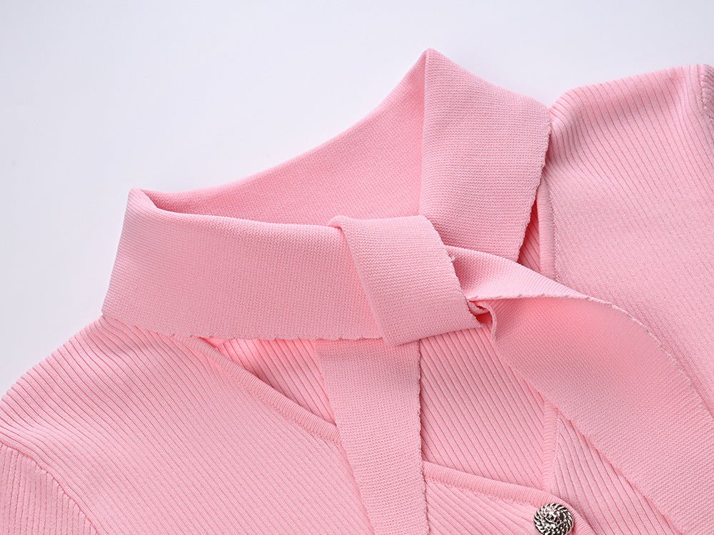 Pink ribbed slim fit blouse with tie-neck detail and buttoned front